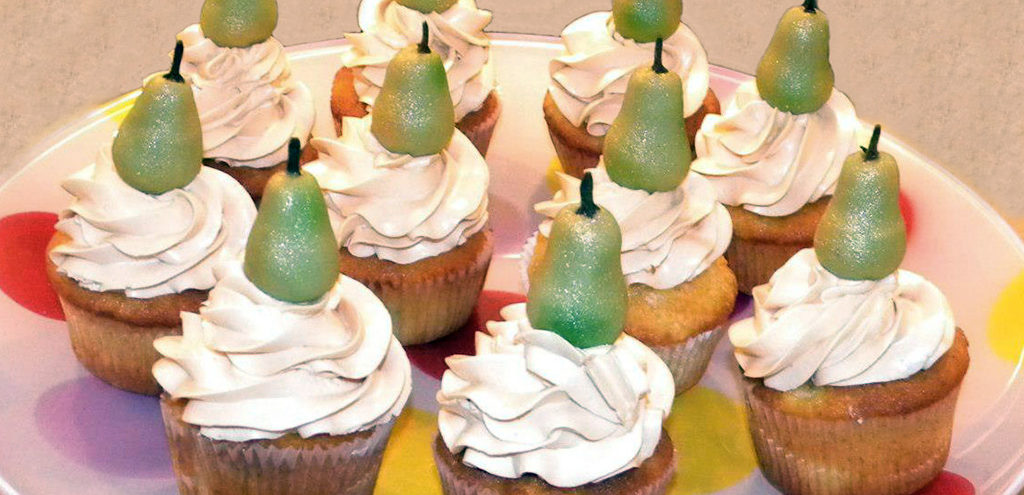 cupcakes topped with marzipan pears